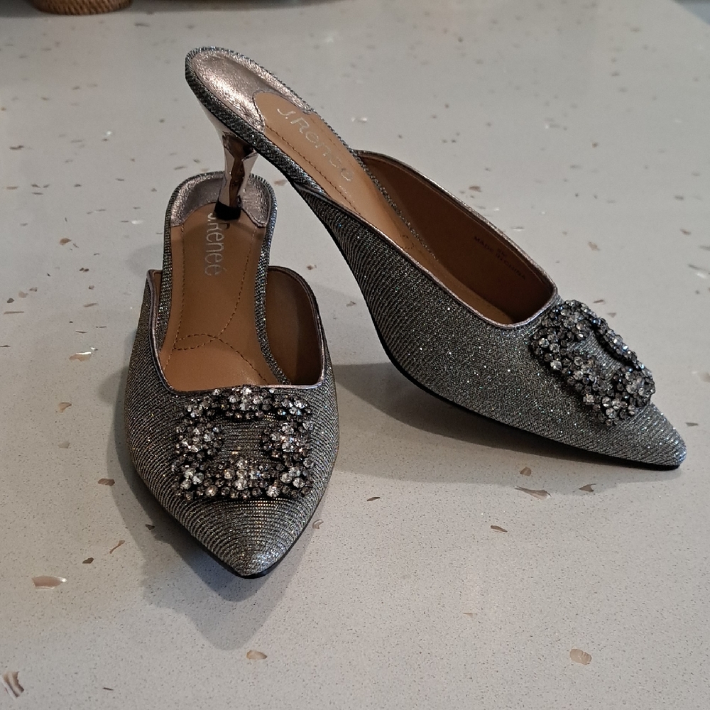 New Elegant Silver Jeweled Mules